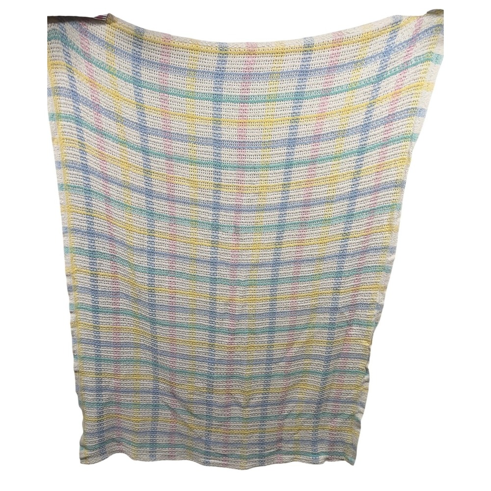 Vintage 60's Beacon 100% Cotton USA Made Pastel Plaid Stripe Baby Blanket